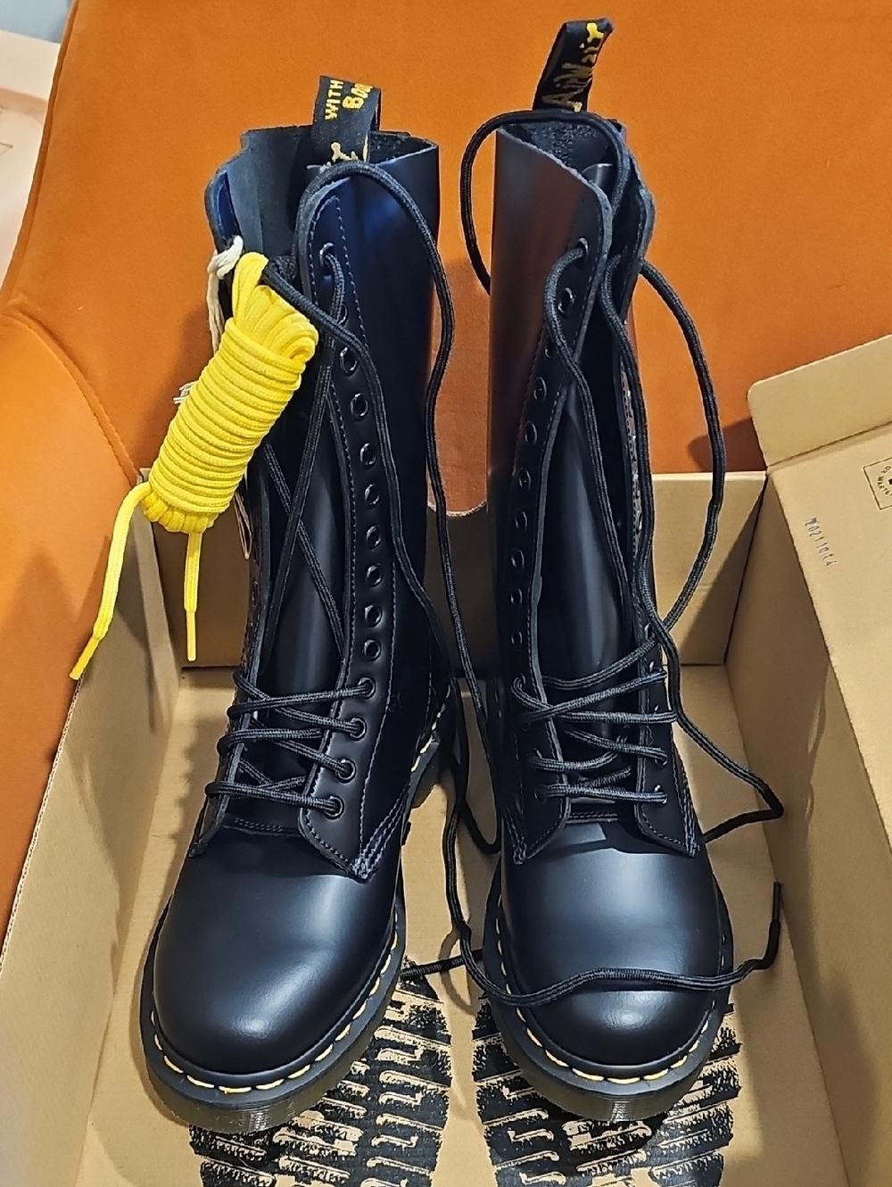 Dr. Martens Black Combat Boots with Yellow Accents